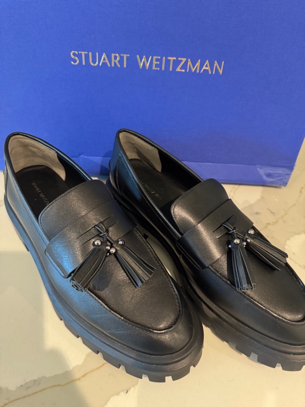 Stuart Weitzman Black Leather Tassel Penny Loafers 10